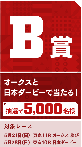 B賞 オークスと日本ダービーで当たる！ 抽選で5,000名様 対象レース 5月21日（日） 東京11R オークス 及び 5月28日（日） 東京10R 日本ダービー