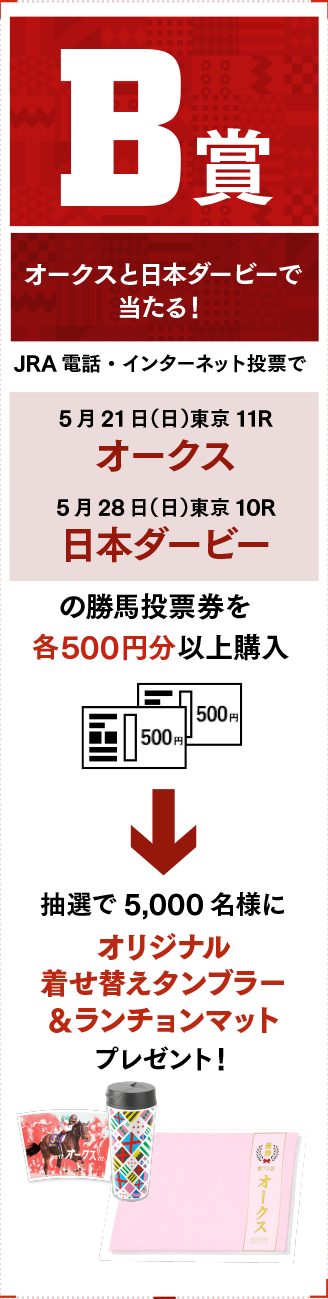 B賞 オークスと日本ダービーで当たる！JRA電話・インターネット投票で5月21日（日）東京11Rオークス5月28日（日）東京10R日本ダービーの勝馬投票券を500円分以上購入 抽選で5,000名様にオリジナル着せ替えタンブラー&ランチョンマットプレゼント！