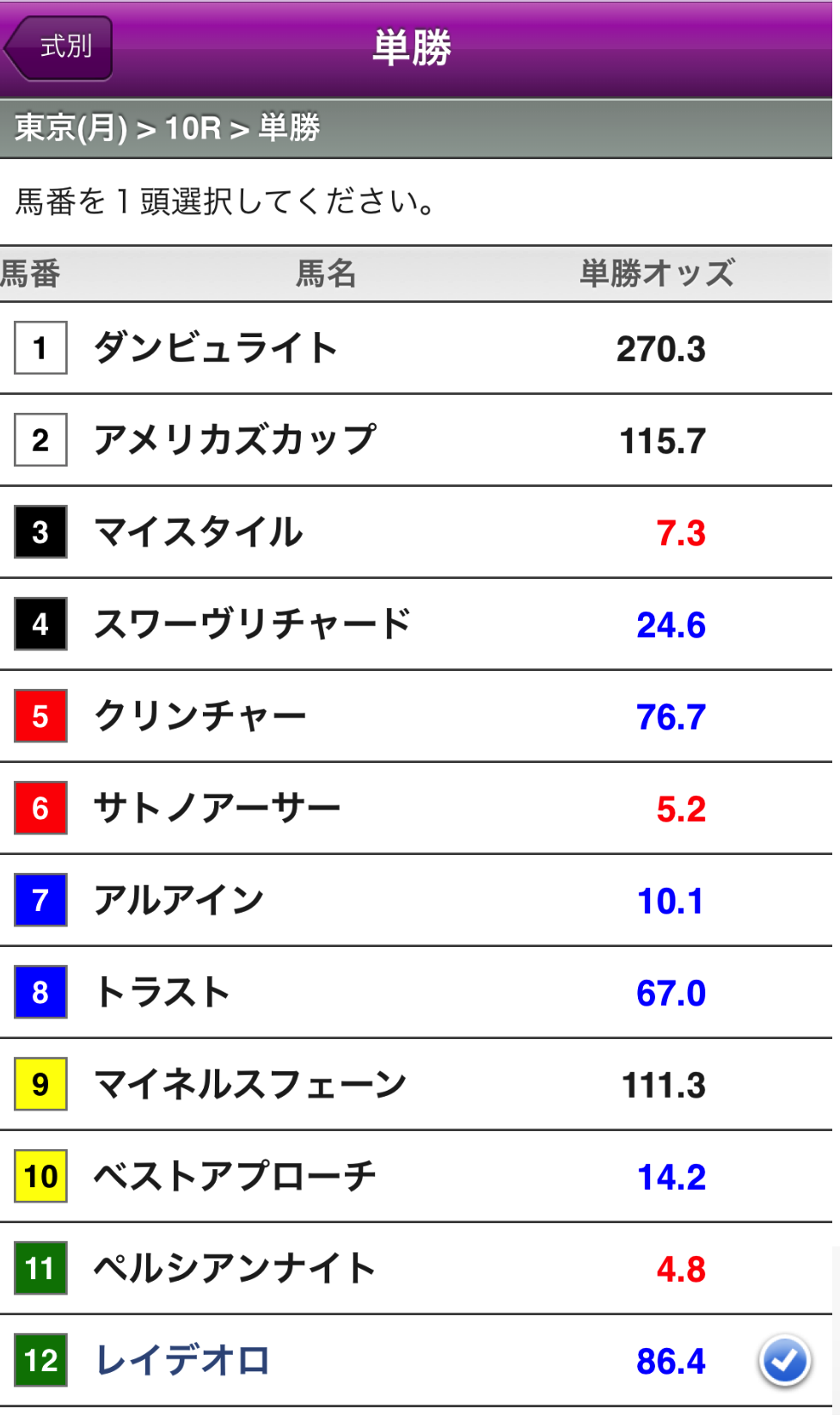 単勝馬番選択画面のサンプル