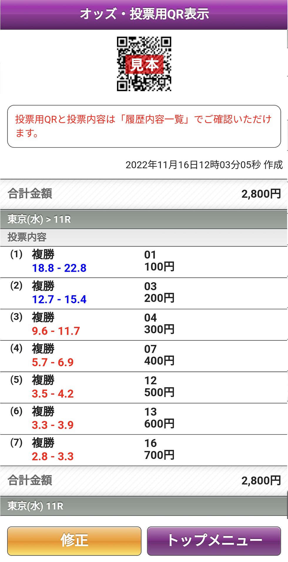 投票用QR表示画面のサンプル