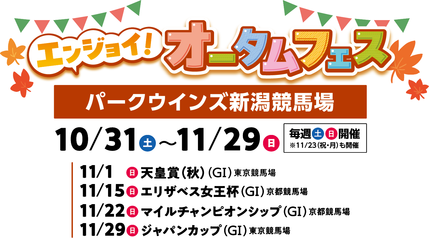 �G���W���C!�I�[�^���t�F�X �p�[�N�E�C���Y�V�����n�� 10/31(�y)�`11/29(��) ���T�y�E���J�� ��11/23(�j�E��)���J�� 11/1(��)�V�c��(GⅠ) �������n��A11/15(��)�G���U�x�X�����t(GⅠ) ���s���n��A11/22(��)�}�C���`�����s�I���V�b�v(GⅠ) ���s���n��A11/29(��)�W���p���J�b�v(GⅠ) �������n��