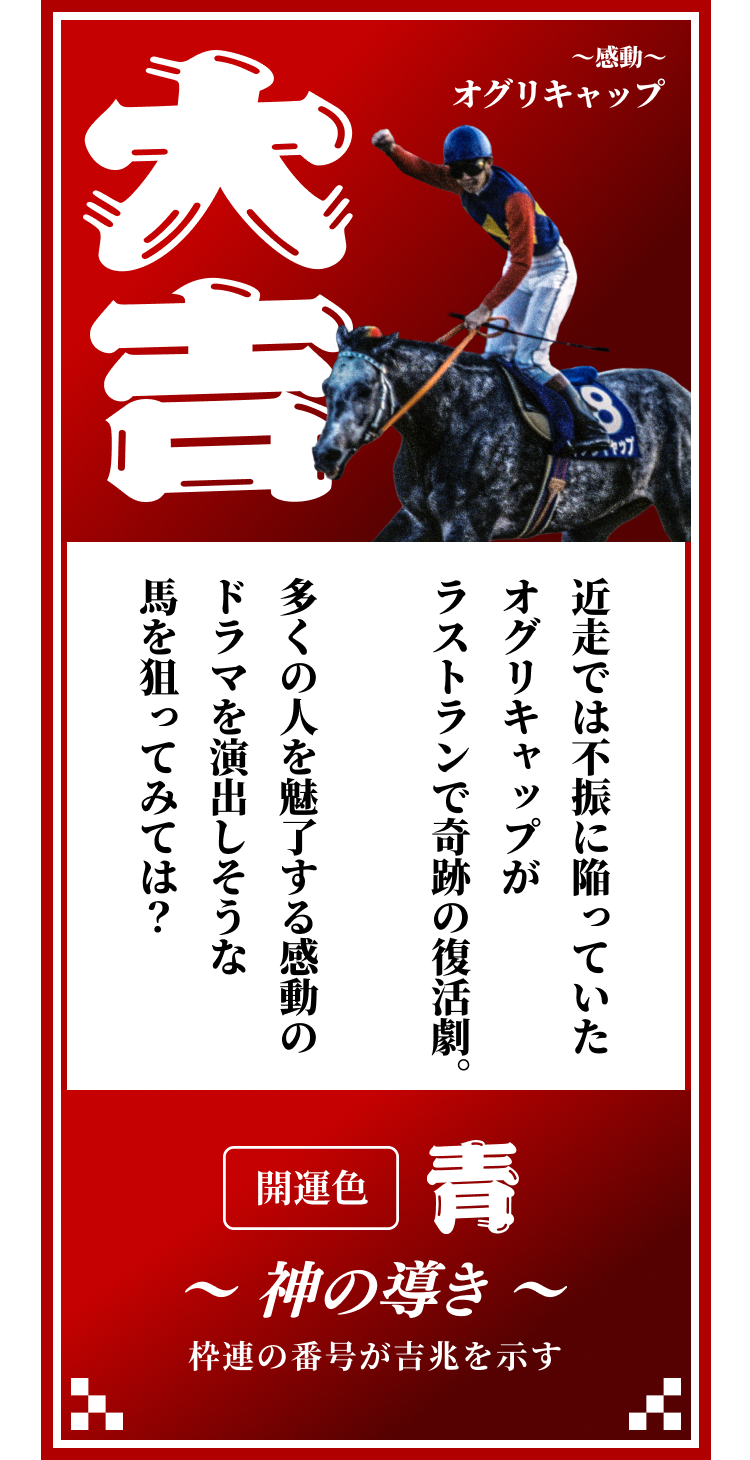 【大吉】〜感動〜オグリキャップ 近走では不振に陥っていたオグリキャップがラストランで奇跡の復活劇。多くの人を魅了する感動のドラマを演出しそうな馬を狙ってみては？開運色「青」〜神の導き〜枠連の番号が吉兆を示す