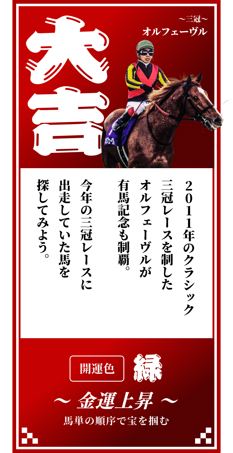 【大吉】〜三冠〜オルフェーヴル 2011年のクラシック三冠レースを制したオルフェーヴルが有馬記念も制覇。今年の三冠レースに出走していた馬を探してみよう。開運色「緑」〜金運上昇〜馬単の順序で宝を掴む