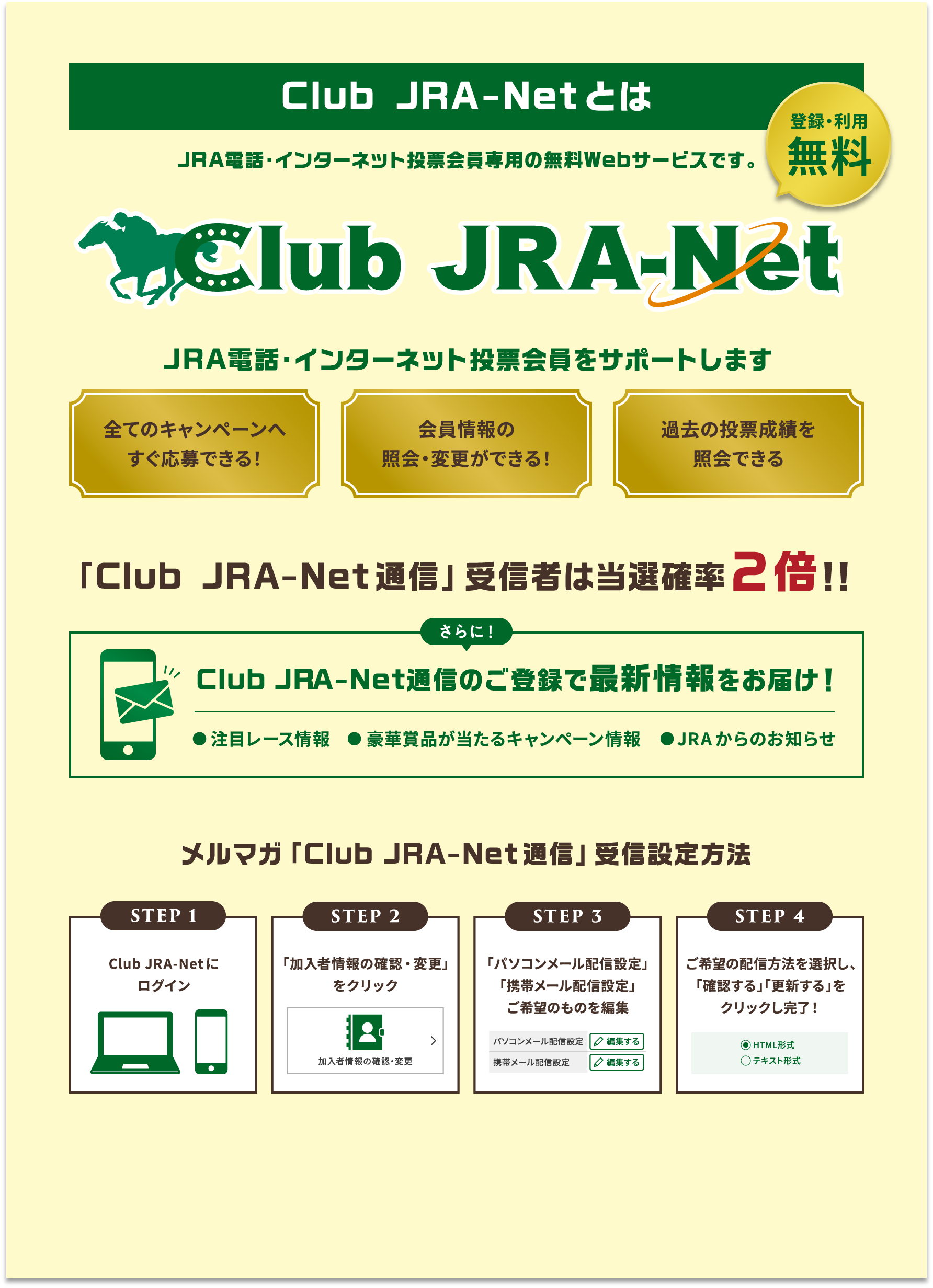 
Club JRA-NetƂ
JRAdbEC^[lbg[p̓o^WebT[rXłB
o^Ep
JRAdbEC^[lbg[T|[g܂

SẴLy[ւłI
̏ƉEύXłI
ߋ̓[тƉł     

uClub JRA-NetʐMvM҂͓Im2{II

Club JRA-NetʐM̂o^ōŐV͂I
ڃ[X
؏ܕiLy[
JRÂm点

}KuClub JRA-NetʐMvMݒ@
STEP 1
Club JRA-NetɃOC
STEP 2
uҏ̊mFEύXvNbN
STEP 3
up\R[zMݒv
ugу[zMݒv
]̂̂ҏW
STEP 4
]̔zM@IAumFvuXVvNbNI
