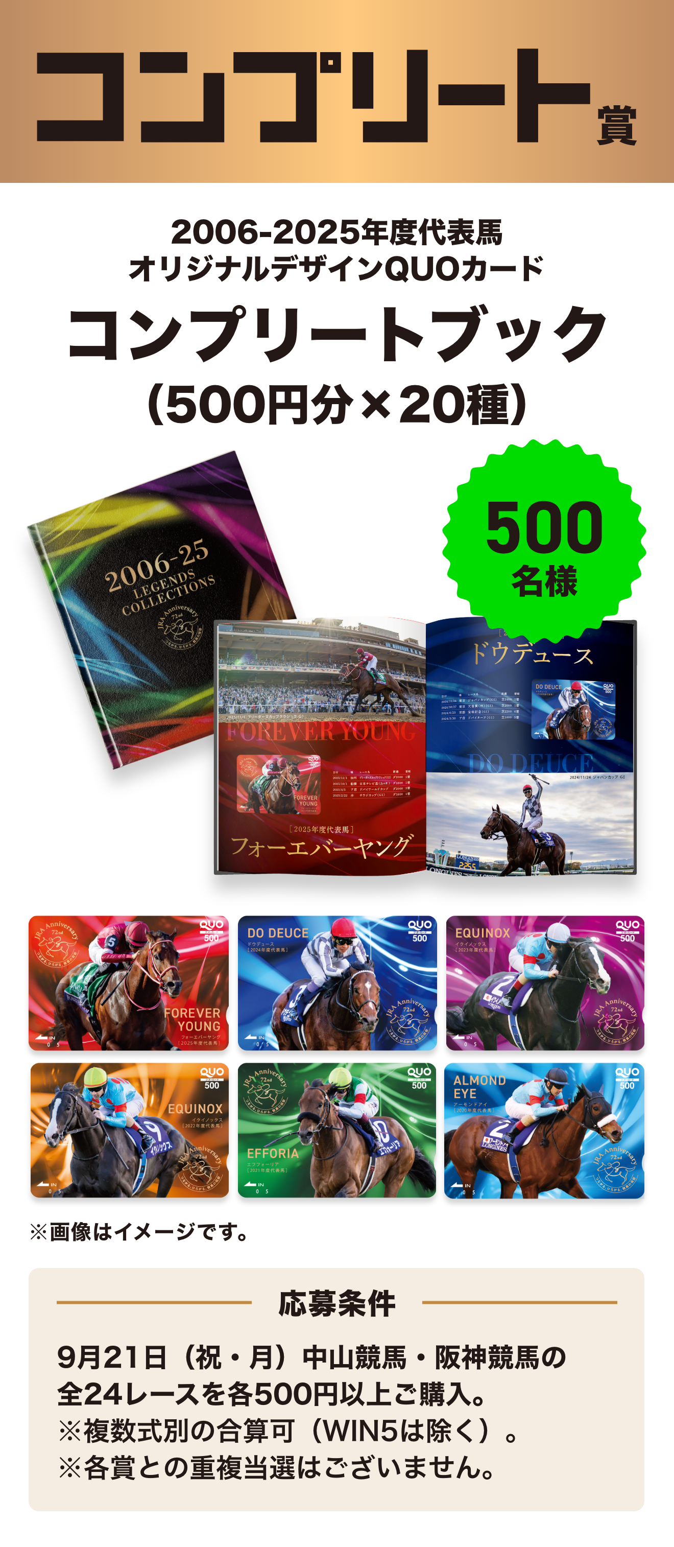 コンプリート賞 2006-2025年度代表馬 オリジナルデザインQUOカード コンプリートブック（500円分×20種） 500名様 ※画像はイメージです。 応募条件 9月21日（祝・月）中山競馬・阪神競馬の全24レースを各500円以上ご購入。 ※複数式別の合算可（WIN5は除く）。 ※各賞との重複当選はございません。