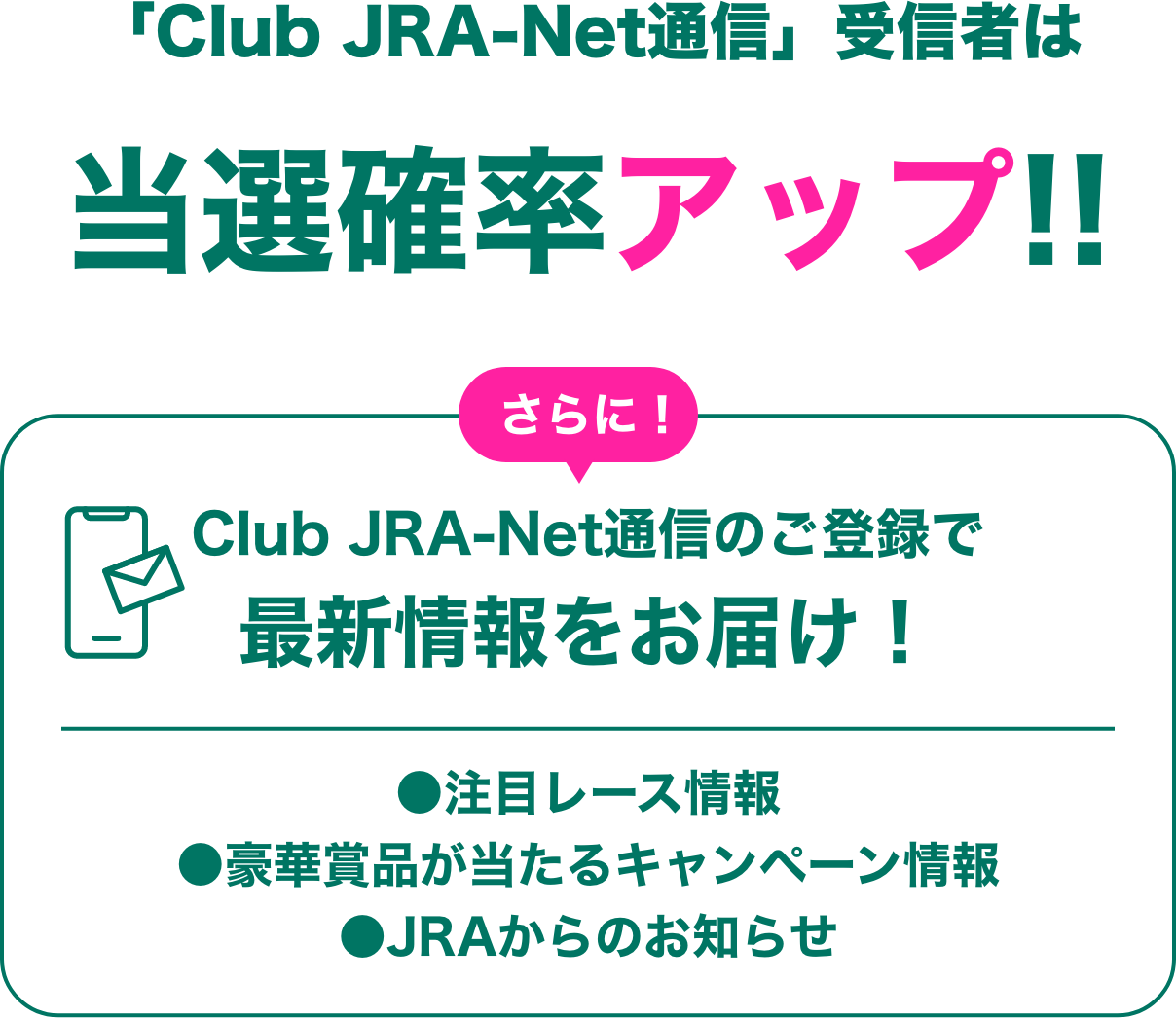 「Club JRA-Net通信」受信者は当選確率アップ!! さらに！ Club JRA-Net通信のご登録で最新情報をお届け！ ●注目レース情報 ●豪華賞品が当たるキャンペーン情報 ●JRAからのお知らせ