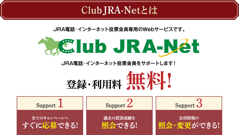 Club JRA-Netとは JRA電話・インターネット投票会員専用のWebサービスです。 登録・利用料無料！