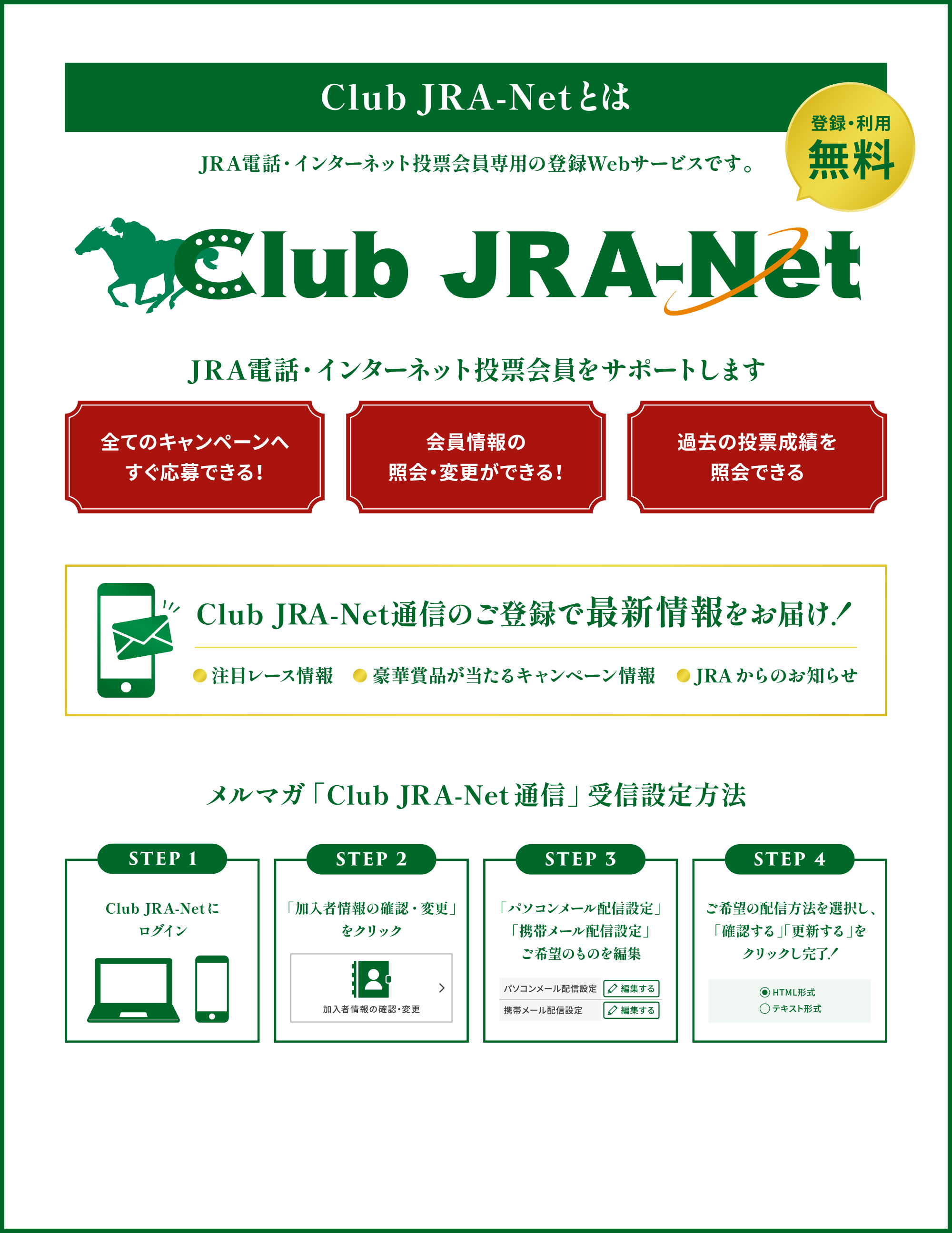 
Club JRA-NetƂ
JRAdbEC^[lbg[p̓o^WebT[rXłB
o^Ep
Club JRA-Net    
JRAdbEC^[lbg[T|[g܂

SẴLy[ւłI
̏ƉEύXłI
ߋ̓[тƉł
    
Club JRA-NetʐM̂o^ōŐV͂I
Eڃ[X
E؏ܕiLy[
EJRÂm点

}KuClub JRA-NetʐMvMݒ@
STEP 1
Club JRA-NetɃOC
STEP 2
uҏ̊mFEύXvNbN
STEP 3
up\R[zMݒv
ugу[zMݒv
]̂̂ҏW
STEP 4
]̔zM@IAumFvuXVvNbNI
