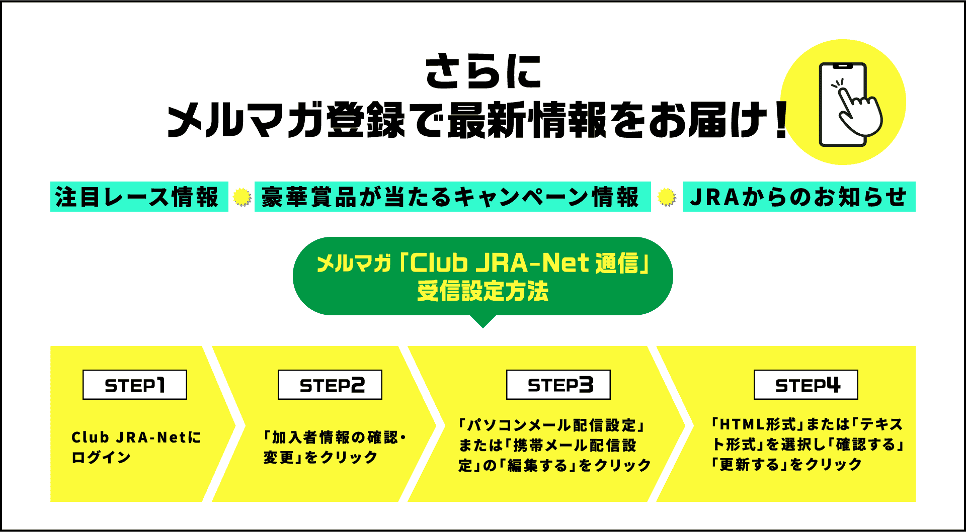 さらにメルマガ登録で最新情報をお届け！注目レース情報豪華賞品が当たるキャンペーン情報JRAからのお知らせ メルマガ「Club JRA-Net通信」受信設定方法 STEP1 Club JRA-Netにログイン STEP2 「加入者情報の確認・変更」をクリック STEP3 「パソコンメール配信設定」または「携帯メール配信設定」の「編集する」をクリック STEP4 「HTML形式」または「テキスト形式」を選択し「確認する」「更新する」をクリック