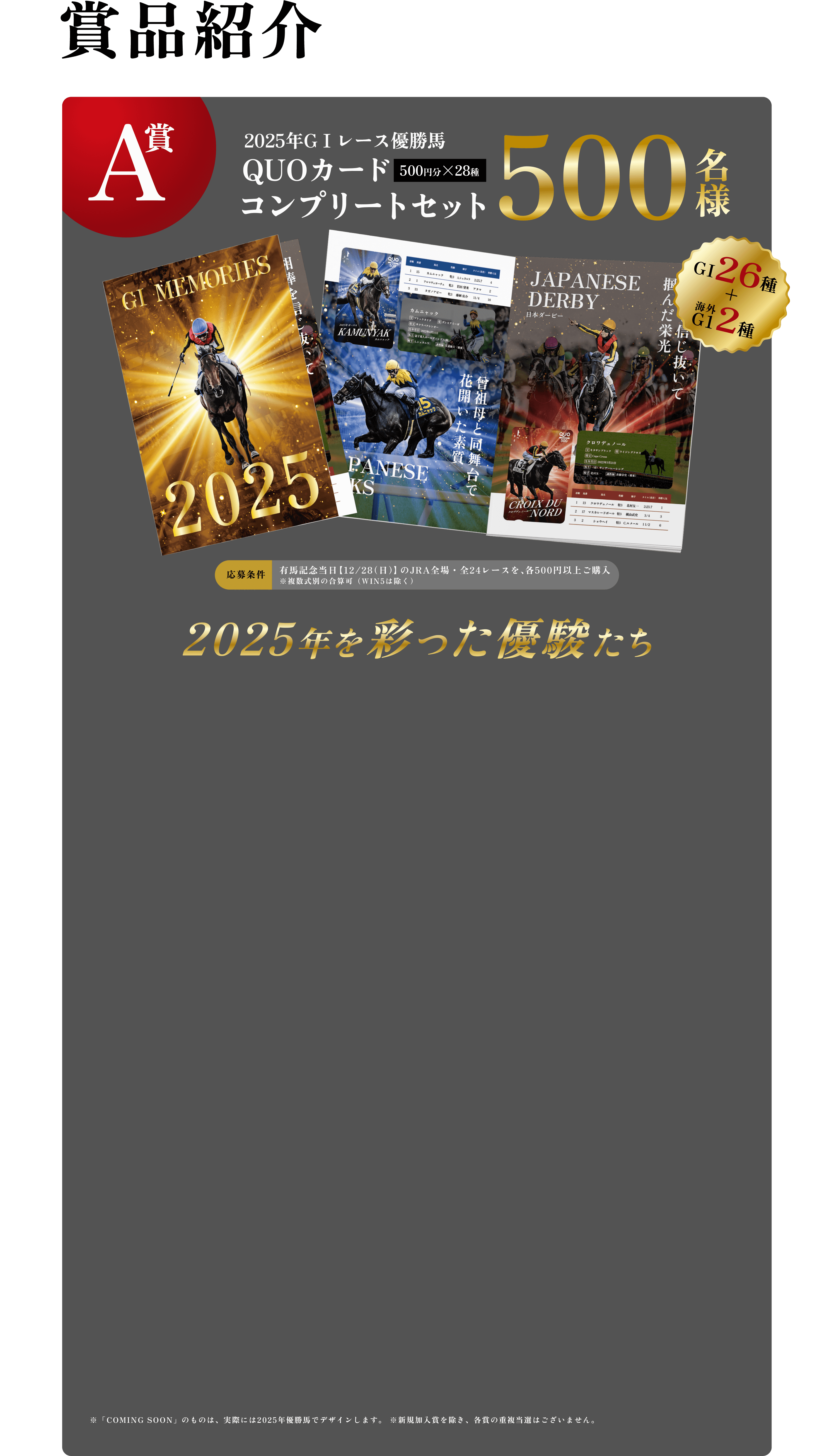【A賞】抽選で500名様　2025年GⅠ優勝馬QUOカードコンプリートセット（500円分×28種）