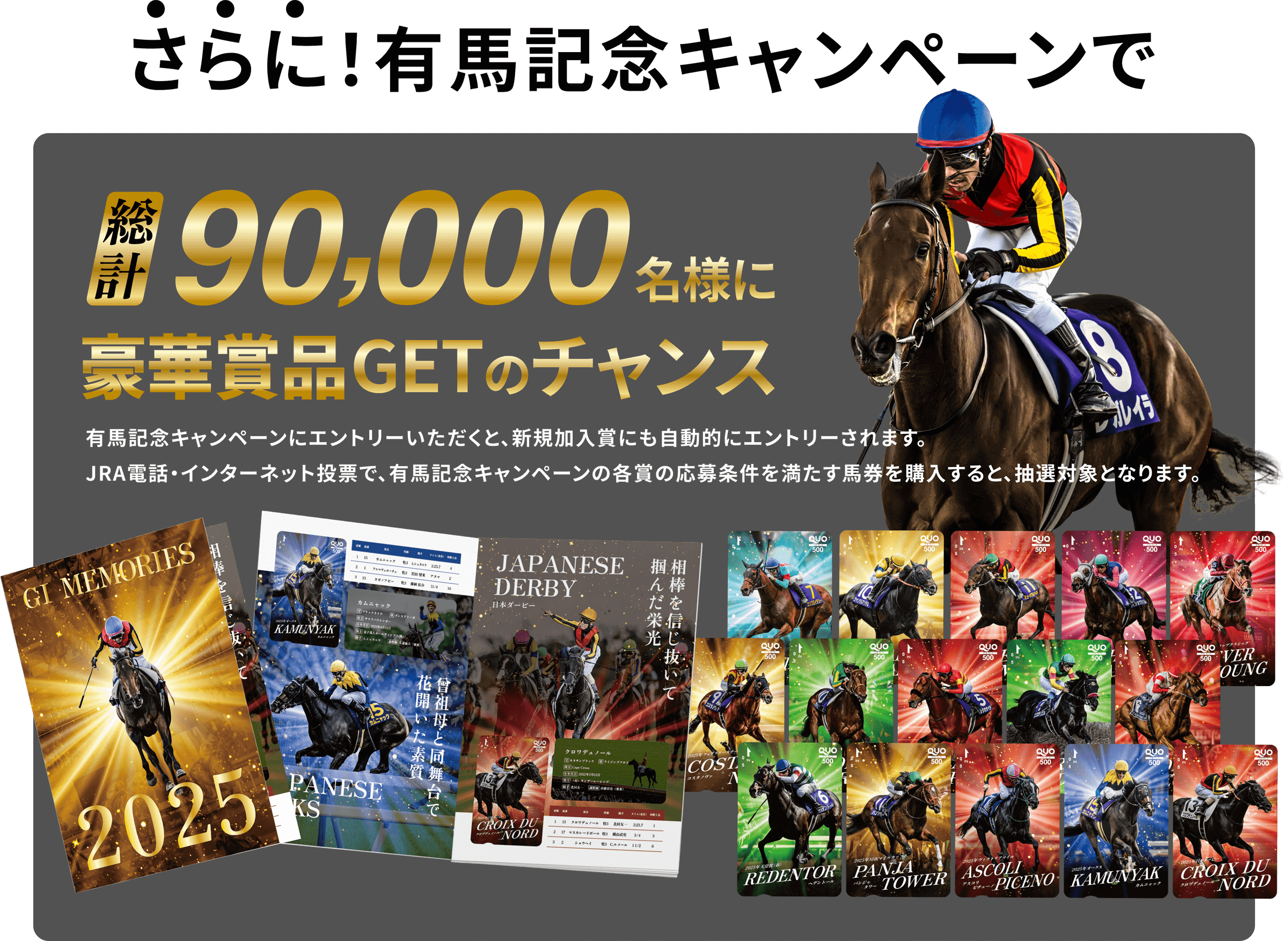 さらに！有馬記念キャンペーンで豪華賞品GETのチャンス！JRA電話・インターネット投票で各賞の応募条件を満たす馬券を購入すると、抽選で総計90,000名様に豪華賞品が当たる！