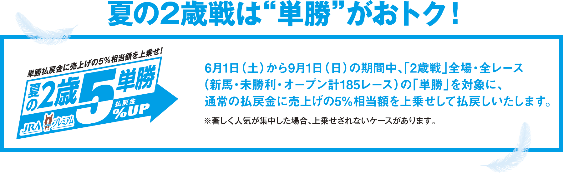 夏の2歳戦は“単勝”がおトク！単勝払戻金に売上の5%相当額を上乗せ！夏の2歳単勝5％UP