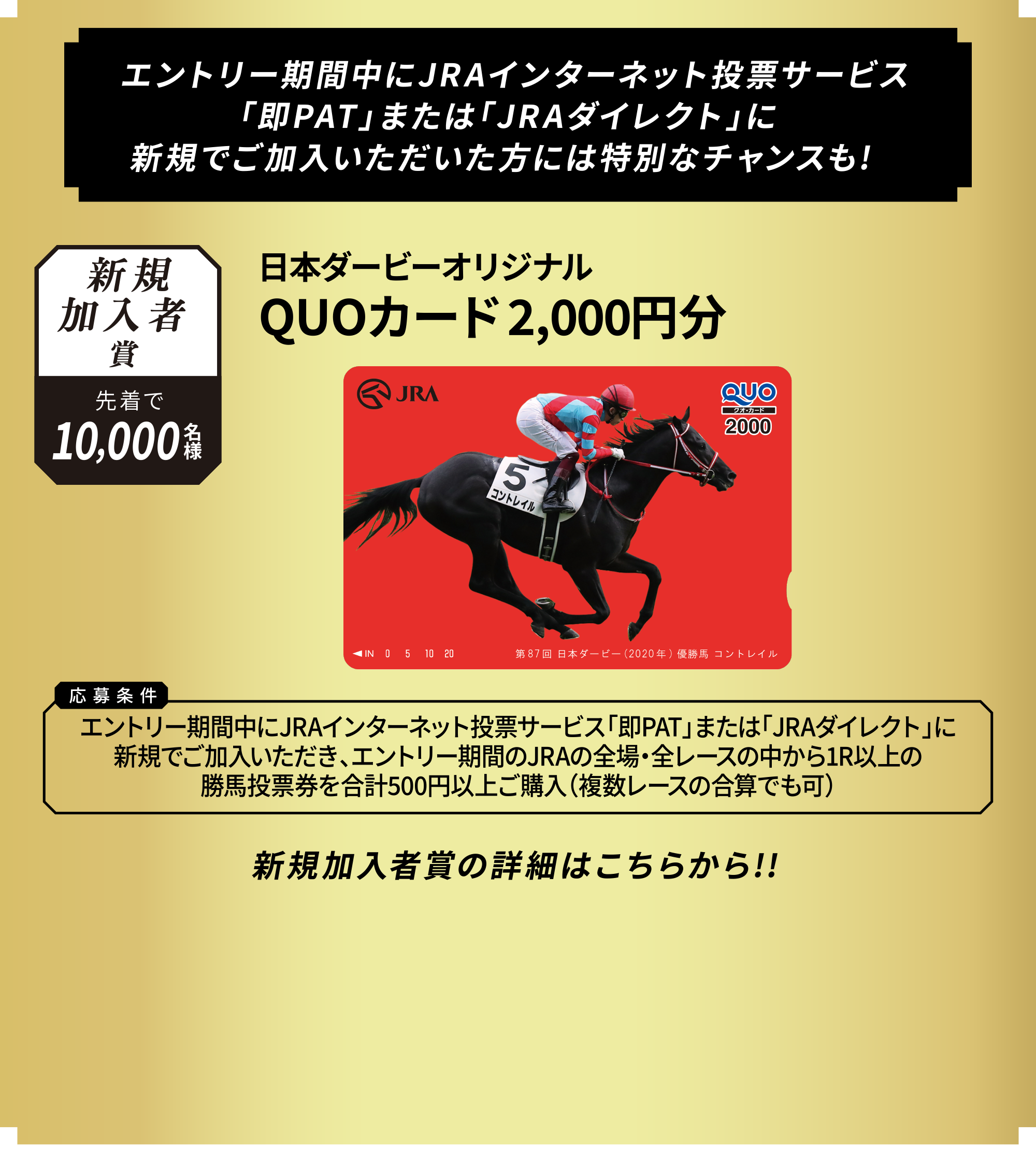 新規加入者賞 先着で10,000名様　日本ダービーオリジナルQUOカード2,000円分