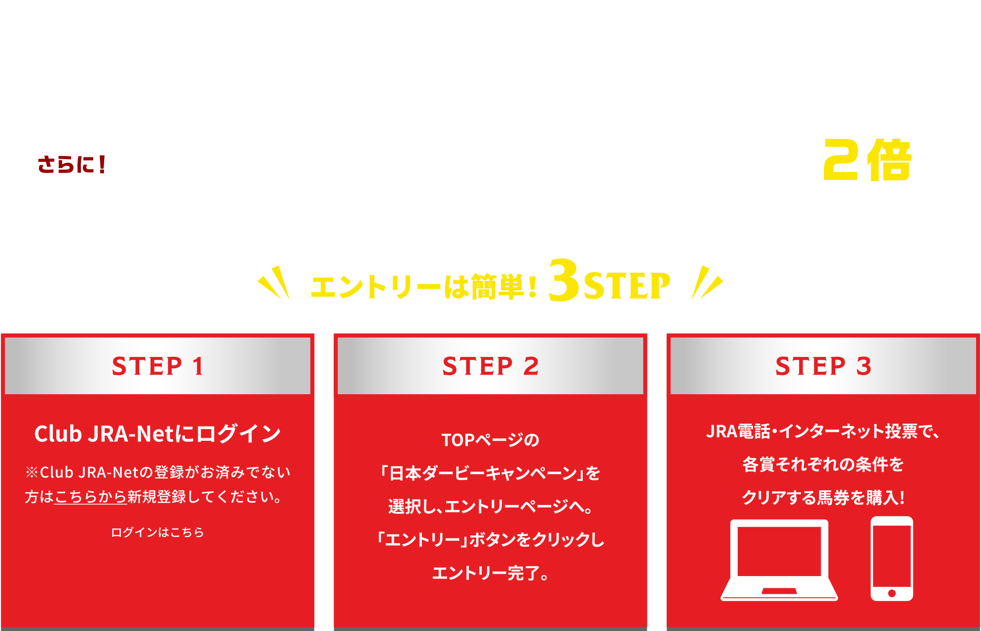 
�G���g���[���Ԓ���Club JRA-Net���G���g���[���������A
JRA�d�b�E�C���^�[�l�b�g���[�ŁA�e�܂��ꂼ��̏������N���A����ƁA
���؏ܕi��������L�����y�[���ɂ��Q�����������܂��B

����ɁI�uClub JRA-Net�ʐM�v��M�҂͓��I�m��2�{�I�I       
        
        
�G���g���[�͊ȒP 3STEP

STEP 1
Club JRA-Net�Ƀ��O�C��
��Club JRA-Net�̓o�^�����ς݂łȂ����͂����炩��V�K�o�^���Ă��������B
���O�C���͂�����        
        
STEP 2
TOP�y�[�W�́u���{�_�[�r�[�L�����y�[���v��I�����A�G���g���[�y�[�W�ցB
�u�G���g���[�v�{�^�����N���b�N���G���g���[�����B
        
STEP 3
JRA�d�b�E�C���^�[�l�b�g���[�ŁA�e�܂��ꂼ��̏������N���A����n�����w��!

