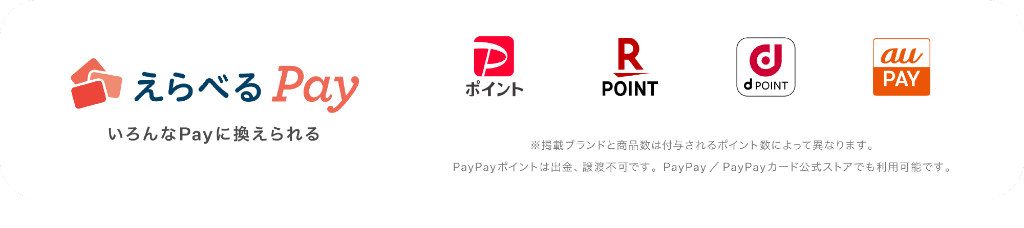 
����ׂ�Pay
������Pay�Ɋ�������    
���f�ڃu�����h�Ə��i���͕t�^�����|�C���g�ɂ���ĈقȂ�܂��B
��PayPay�|�C���g�͏o���A���n�s�ł��BPayPay/PayPay�J�[�h�����X�g�A�ł����p�\�ł��B
�uau PAY�v��KDDI������Ђ̏��W�ł��B  
