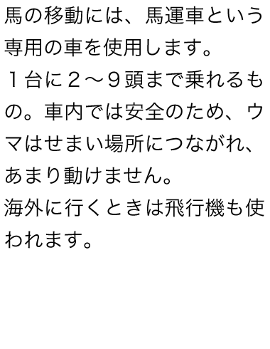 馬の移動には、馬運車という専用の車を使用します。
1台に2～9頭まで乗れるもの。車内では安全のため、ウマはせまい場所につながれ、あまり動けません。海外に行くときは飛行機も使われます。